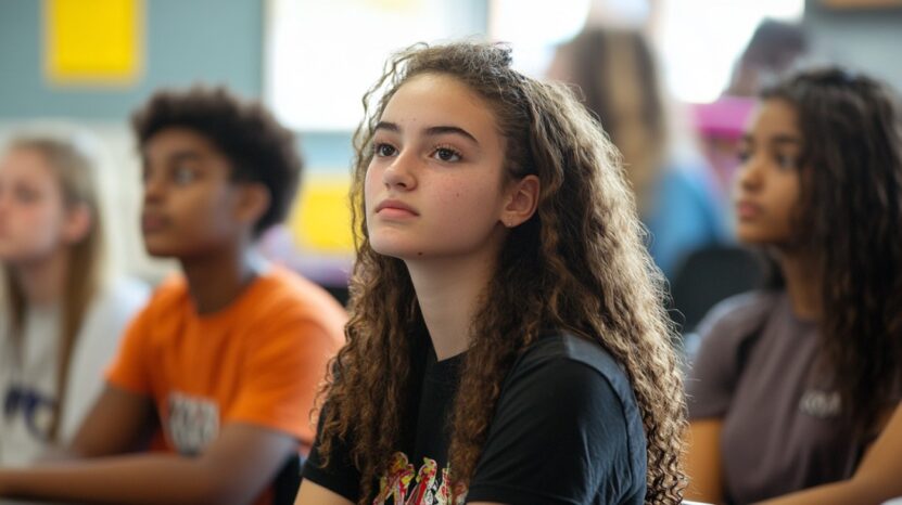 High school students attentively listening in a classroom, with a girl in focus looking ahead thoughtfully