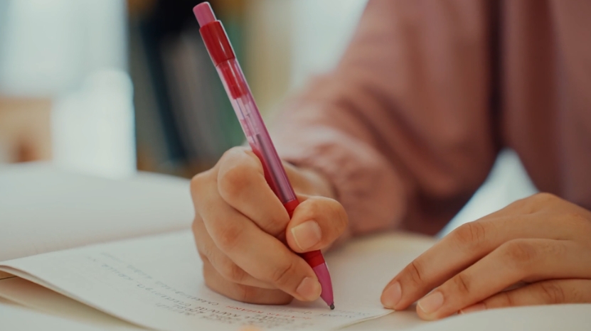 A student writes by hand with a pink pen, capturing an in-class writing sample used to establish their personal writing baseline