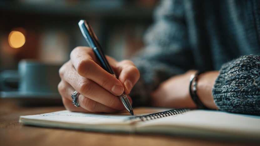 Close-up of a person writing in a notebook with a pen, preparing a personal statement