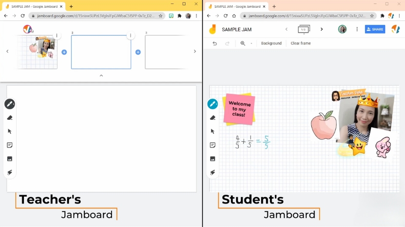A teacherโs Google Jamboard shows blank frames while a studentโs Jamboard displays drawings, notes, and a teacherโs photo