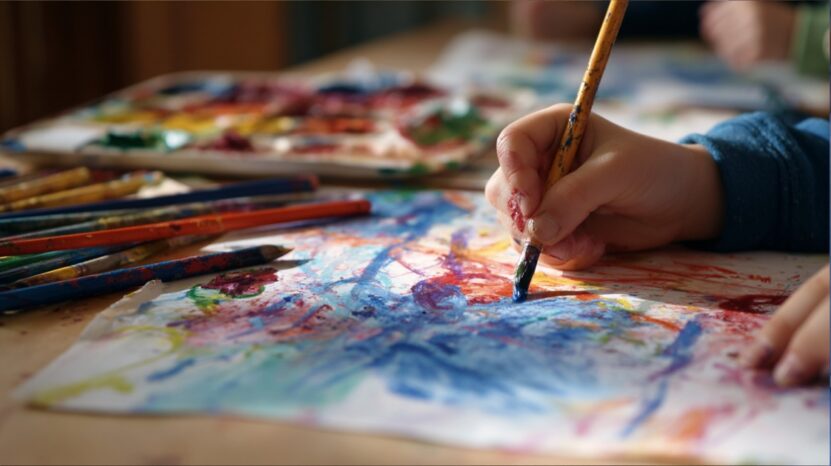 Close-up of a childโs hand painting with vibrant colors on paper, surrounded by paintbrushes