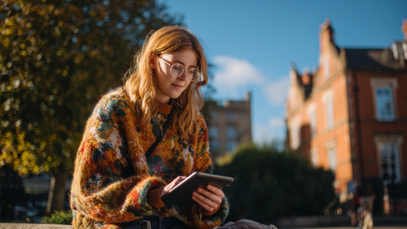 A student in a colorful sweater uses a tablet while sitting outdoors on campus near historic buildings