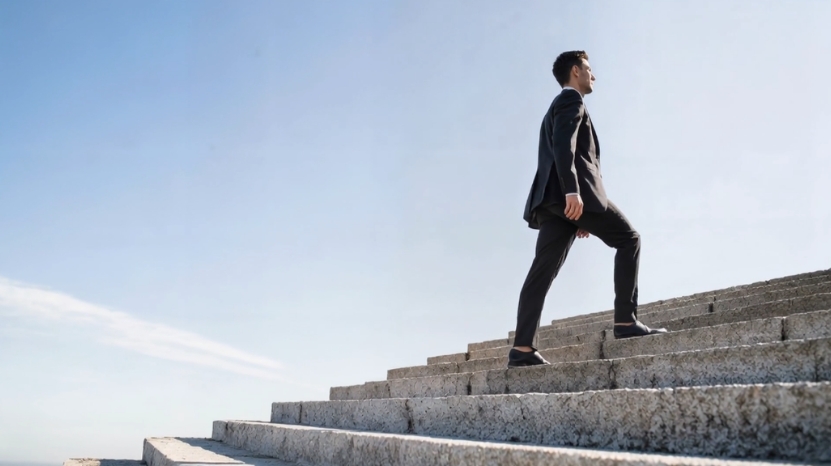 A man in a suit walks up outdoor steps as a symbol of career path decisions