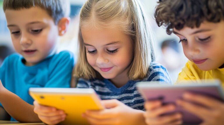 Three children, each engaged with a tablet, smiling and focused. The kids are enjoying a digital learning or entertainment experience, with a colorful, engaging atmosphere.