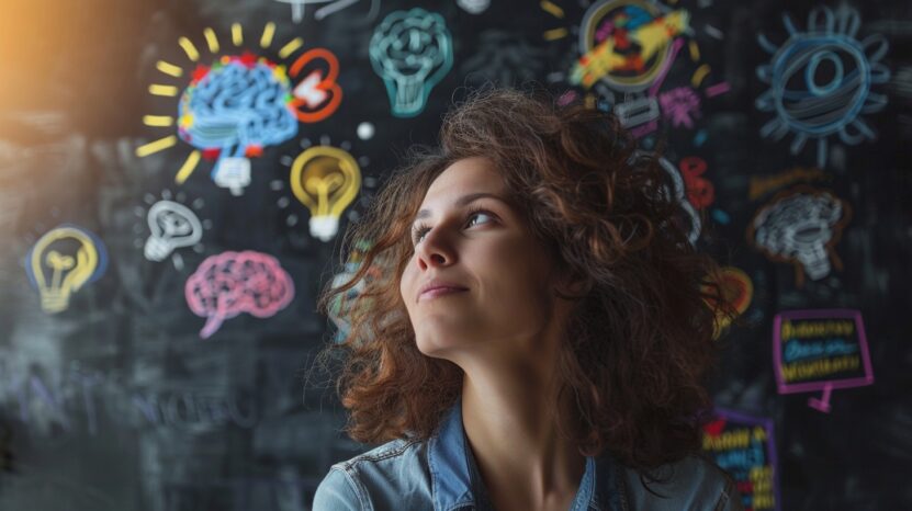 Woman with brown hair standing in front of a school board filled with chalk drawings