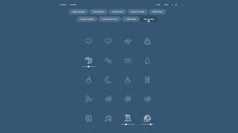 Noisli App Screen Showing Different Sound Options for Creating a Custom Background Noise Environment