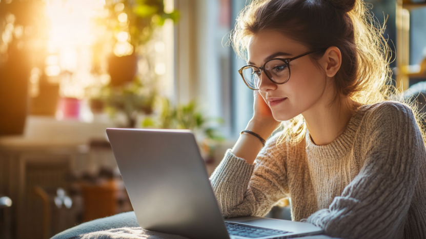 A Young Woman Wearing Glasses Is Working on Her Laptop