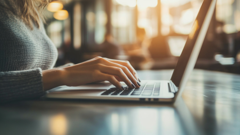 Person Typing on A Laptop in A Cafe, Focused on Planning an Online Course