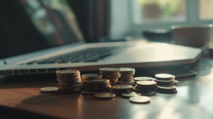 Coins Stacked on A Desk Near a Laptop, Symbolizing Online Course Pricing Strategies