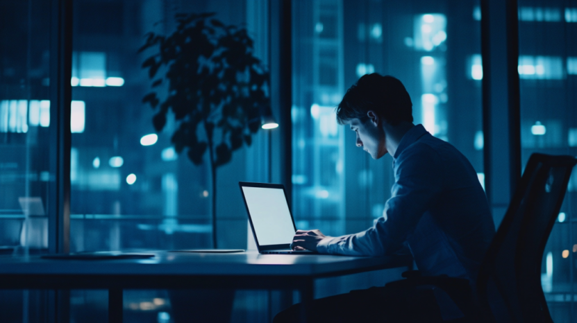 Person Working Late on A Laptop, Testing Online Course Platforms in An Office Setting