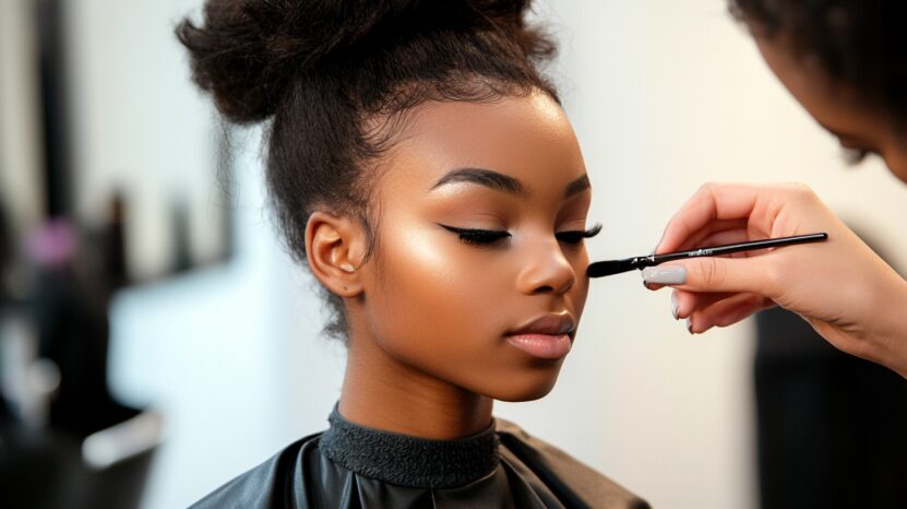 A makeup artist applies eyeshadow with a brush on a model, emphasizing her glowing skin and winged eyeliner