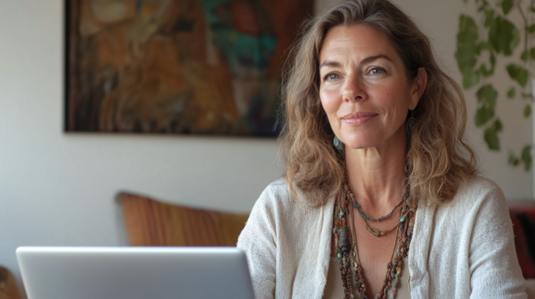 A Woman with Long, Wavy Hair Sits at A Desk, Reflecting on The Possibilities of Changing Careers After 40, with A Laptop in Front of Her