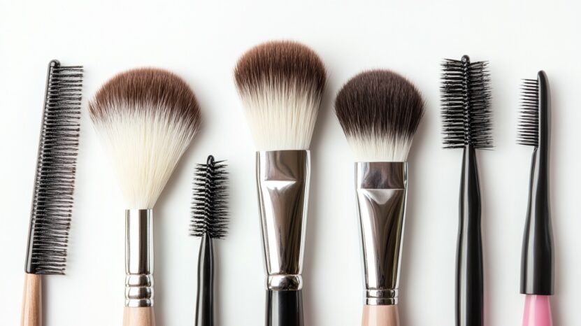 A selection of makeup brushes and beauty tools including combs and spoolies arranged on a white background