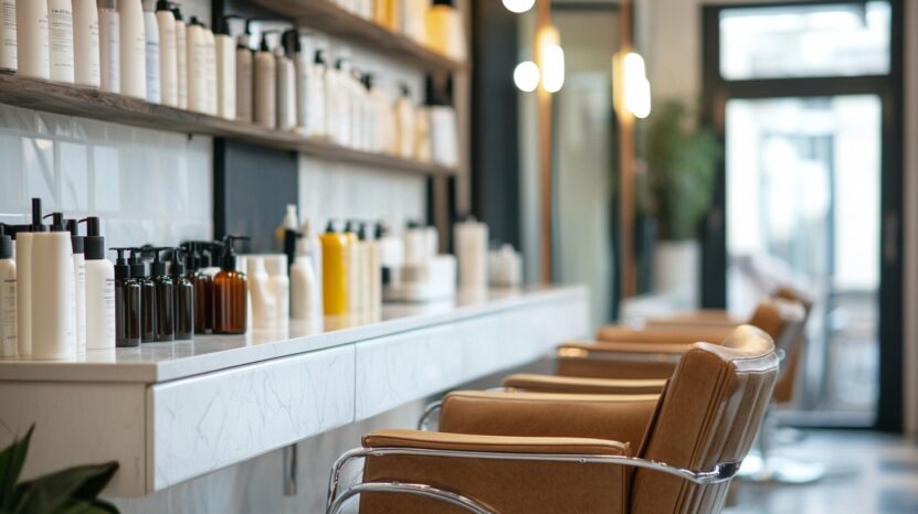 Modern salon interior with shelves of haircare products and stylish chairs