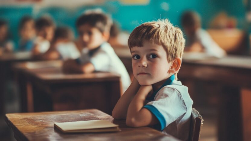 Young boy in a classroom looking thoughtful, surrounded by other children seated at desks