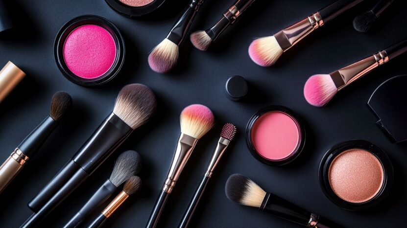 A flat lay of makeup brushes and colorful cosmetics on a black background