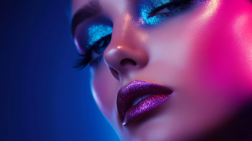 Close-up of a model's face with glittery blue eyeshadow and shimmering purple lipstick, illuminated by neon lights