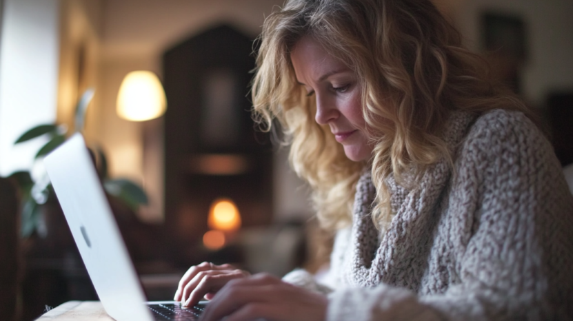 A Woman with Curly Hair Types on A Laptop