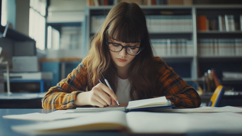 A young woman with glasses studying at a desk, surrounded by books in a library setting