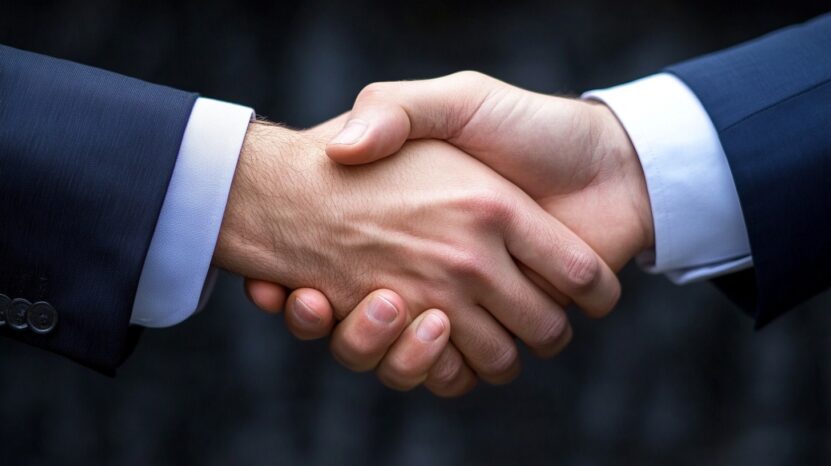 Close-up of a handshake between two people in business attire, symbolizing agreement and networking