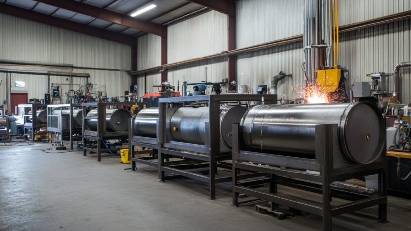 Industrial welding workshop with large cylindrical pipelines being welded, sparks flying during the process