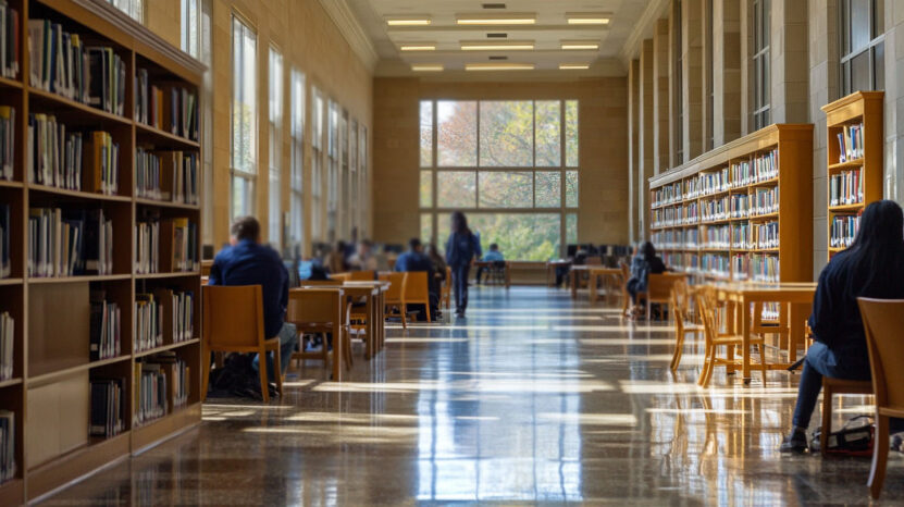 A bright library with bookshelves and students studying at wooden desks, sunlight streaming through large windows