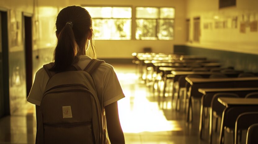 Back view of a student with a backpack standing in an empty classroom illuminated by warm sunlight