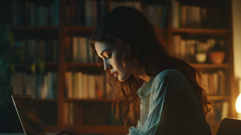 A Woman Studying at Night, Focused on Her Laptop, with A Bookshelf in The Background