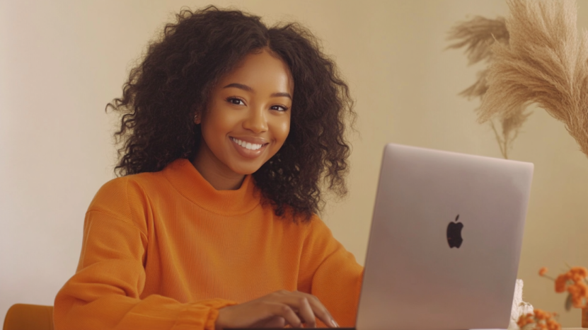 A Smiling Woman in An Orange Sweater Working on Her Laptop