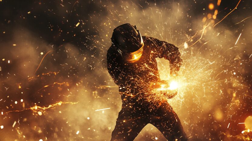 A welder in protective gear working with bright sparks flying in a fiery, smoky environment