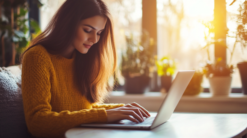 A Woman in A Yellow Sweater Working on Her Laptop by A Sunlit Window, Surrounded by Plants