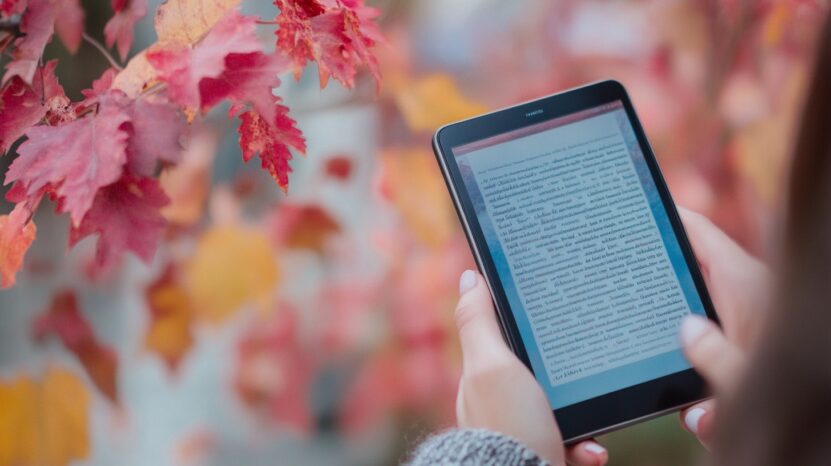 A person holding a tablet with an e-book displayed, surrounded by red autumn leaves