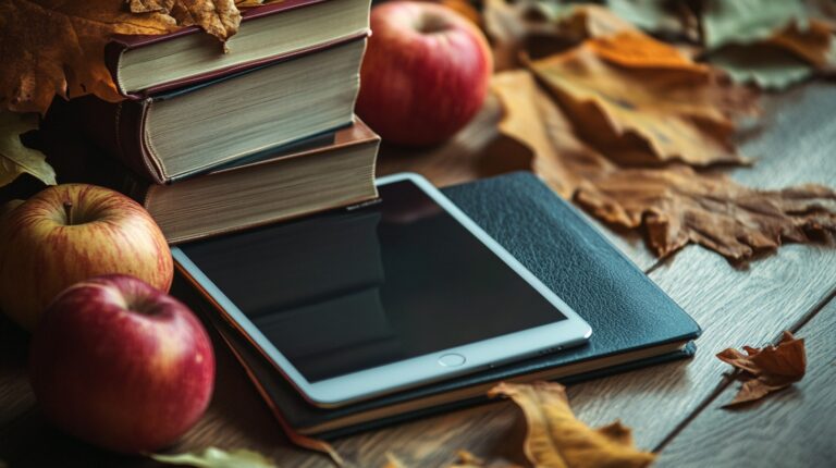 Stack of books, a tablet, apples, and autumn leaves on a wooden table