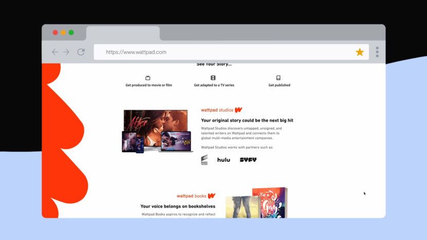 Screenshot of Wattpad's website promoting story adaptations into movies, TV series, and books