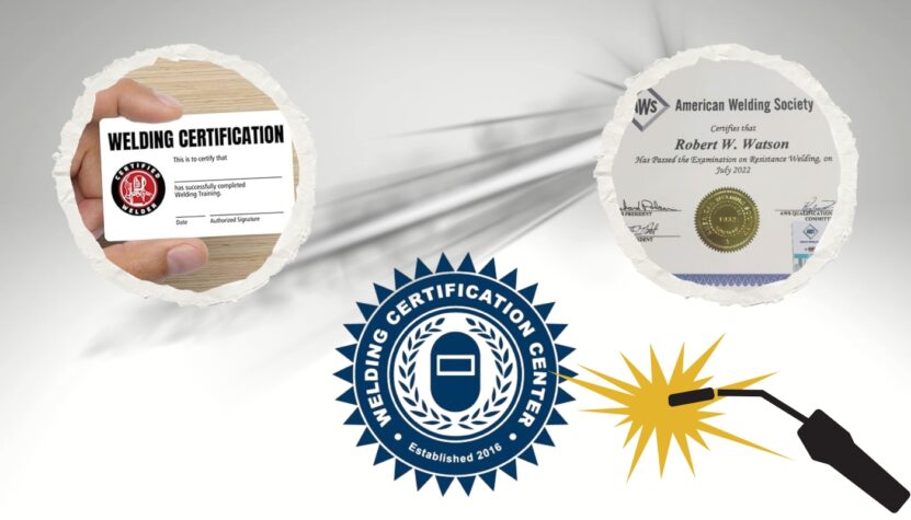 Welding certification cards and seals from professional organizations like the American Welding Society, emphasizing career qualifications