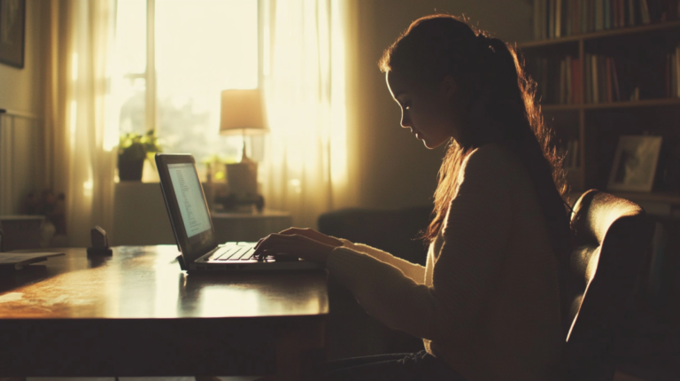 A Woman Focused on Her Laptop in A Softly Lit Room, Illustrating the Concept of Learning Online