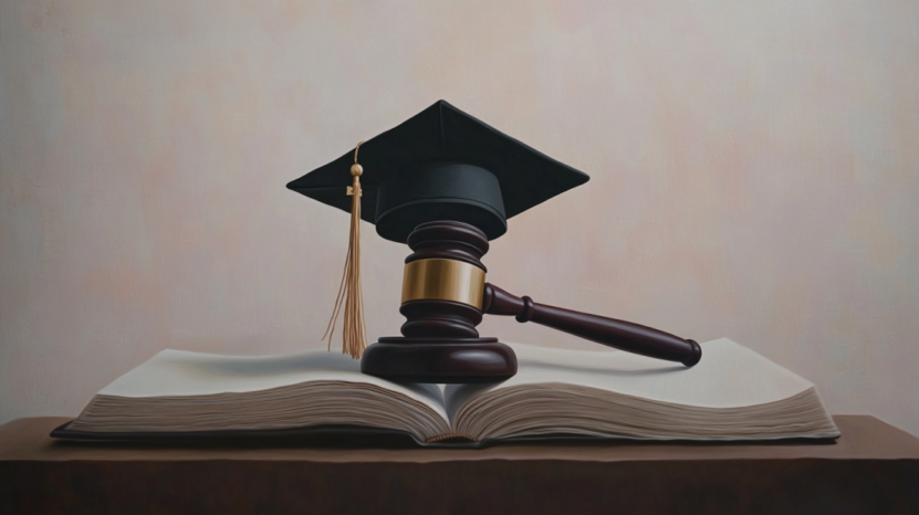 A Gavel and Graduation Cap Placed on An Open Law Book