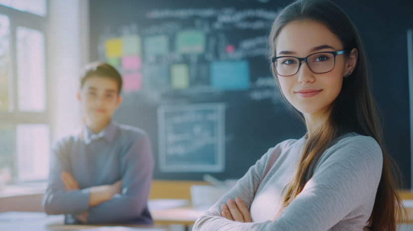 A Confident Student with Glasses Stands in Front of A Classroom, While Another Student Is Seen Blurred in The Background