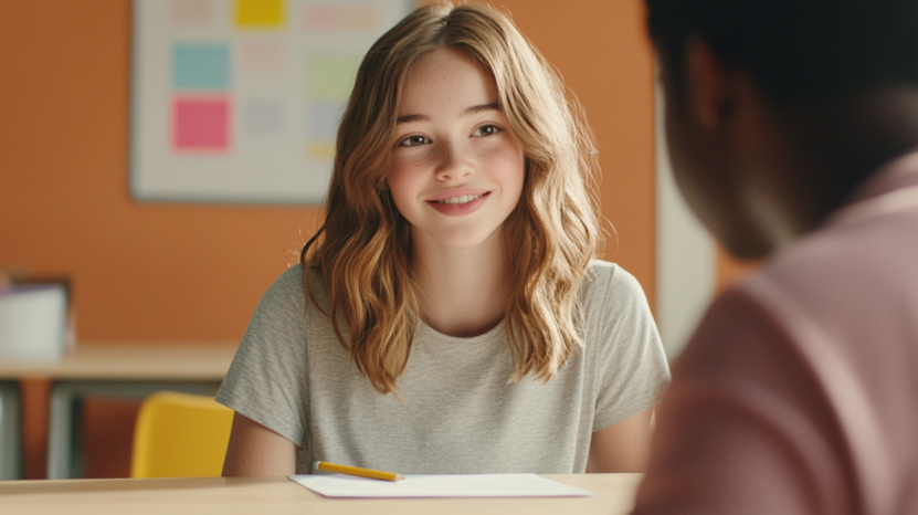 A Young Student Smiles While Completing a Self-Assessment in A Classroom