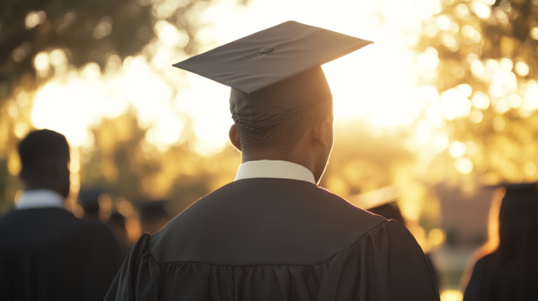 Graduate in A Cap and Gown Standing Outdoors at Sunset with Others in The Background