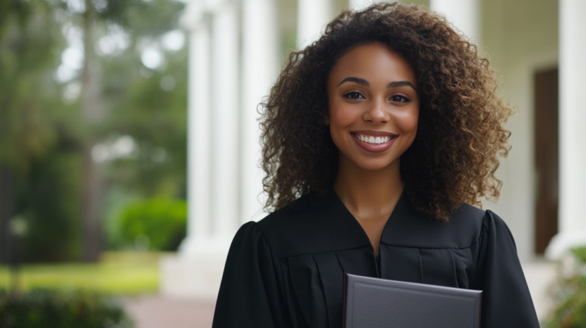 Smiling Young Woman in A Graduation Gown Holding Her Diploma Outdoors