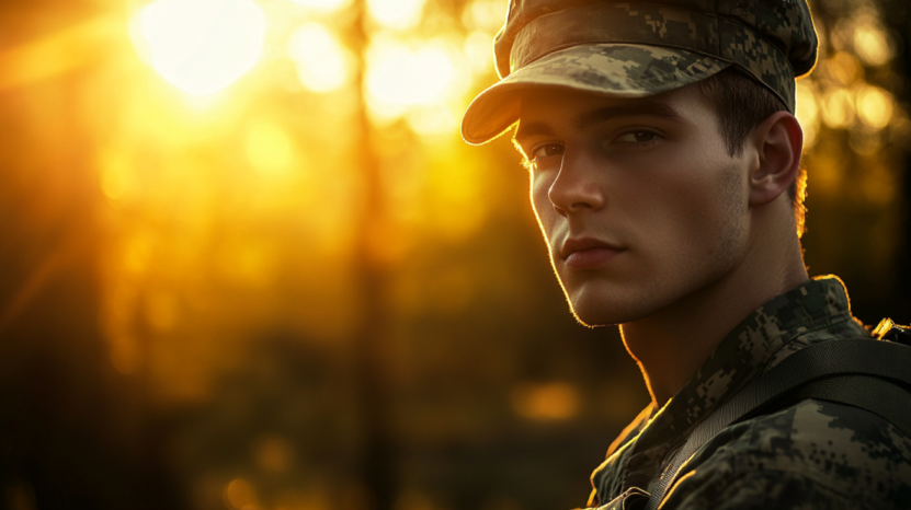 Young Man in Military Uniform Standing Outdoors with The Sun Setting in The Background