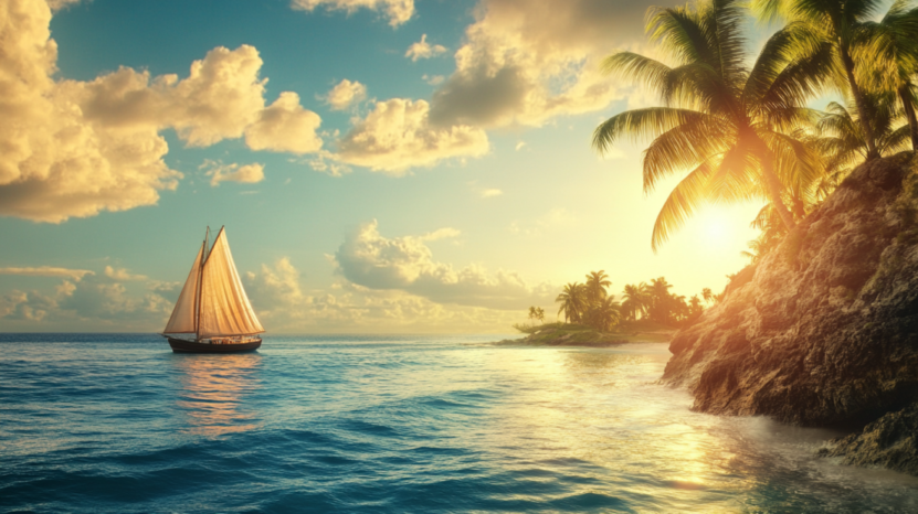 Sailboat on A Calm Ocean Near a Tropical Island with Palm Trees at Sunset