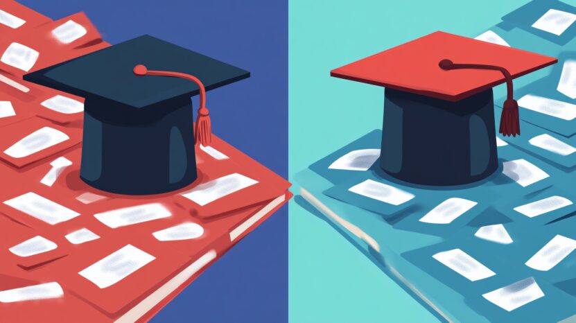 Illustration of two graduation caps on books, one red and one blue, representing the comparison between public and private colleges