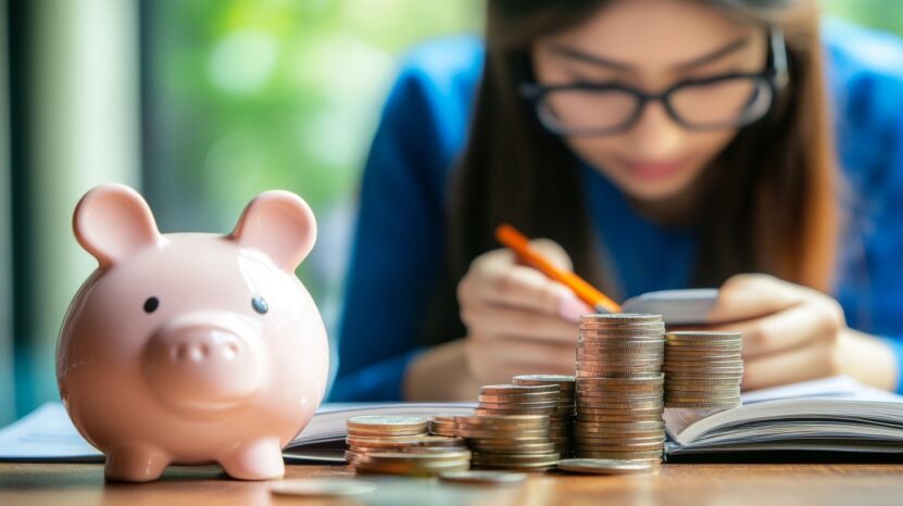 A piggy bank and stacks of coins in focus, with a young woman in the background calculating finances while studying