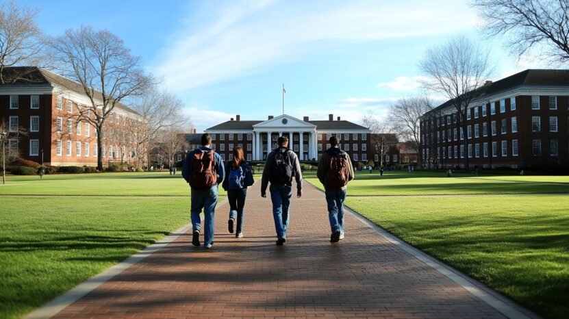 "Four students with backpacks walk along a brick path toward a grand university building, surrounded by green lawns and brick dormitories