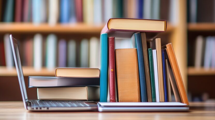 A laptop partially hidden behind a row of upright books, symbolizing the combination of digital and traditional education