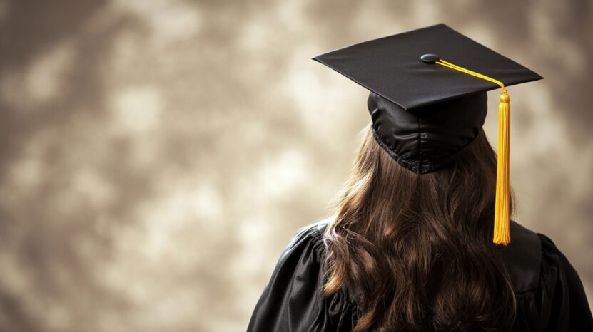 Rear view of a female graduate in a black cap and gown with a yellow tassel, standing against a blurred neutral background