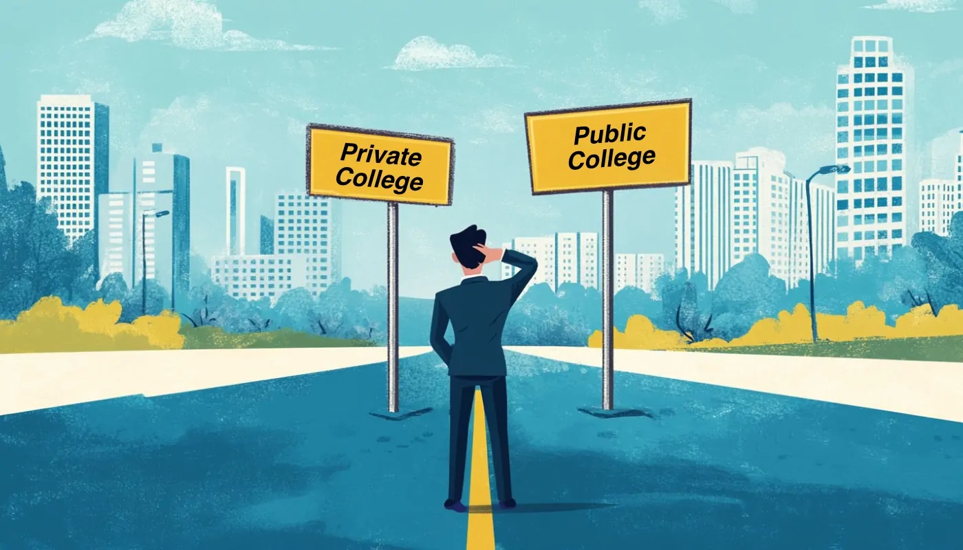 Illustration of a man standing at a crossroads with signs pointing to 'Private College' and 'Public College,' with a city skyline in the background