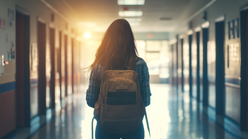 A Student Walking Down a High School Hallway with A Backpack